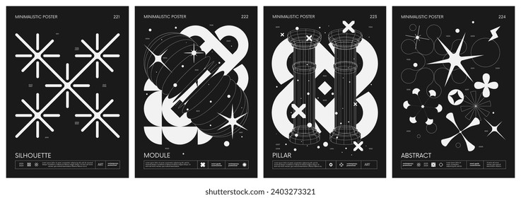 Black and White minimalistic Posters acid style with strange wireframes geometrical shapes and silhouette y2k basic figures, futuristic design inspired by brutalism, set 56