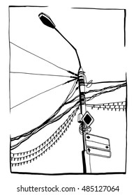 black and white minimalistic sketch of Street lamp with  wires. electricity post
