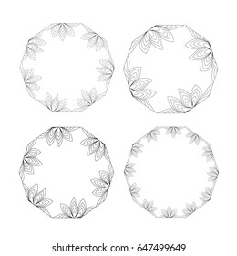 Black and White Minimalistic Transparent Circle Photo Frame Borders Wreaths With Leaves and Flowers, Set of Four - Vector Illustration