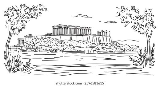 black and white minimalistic vector drawing of famous ancient Greek temples overlooking city, ideal for historical, travel or educational materials