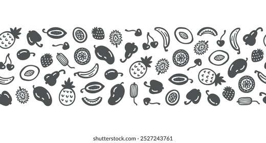 Black and White Mix of Tropical Fruits Horizontal Seamless Border Pattern. Vector illustration.