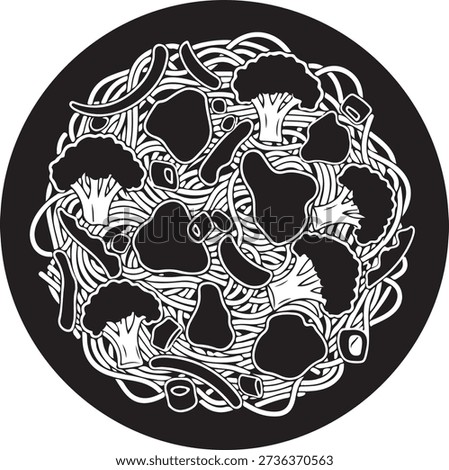 Black and white of mixed vegetables including broccoli and noodles in a circular pattern