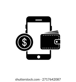 Schwarz-weißes Symbol für mobile Zahlung, das das Konzept von Smartphone und digitaler Geldbörse zeigt