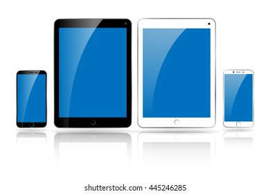 Black and White Mobile Phone and Tablet PC. Tablet and Cellphone. Vector eps 10 devices illustration. Smartphone and pad with blue screen isolated on white.