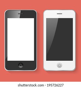 Black and white mobile smart phones on a pink background