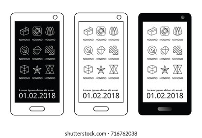 Black and white mobile template. Abstract line icon app geometric interface. Smartphone screen ui ux logo vector display.