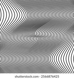 Black and white mobious wave stripe optical design opart. Halftone Black and White Wavy Lines Textured Background with 3D Illusion and Twisting Movement Effect. EPS vector illustration