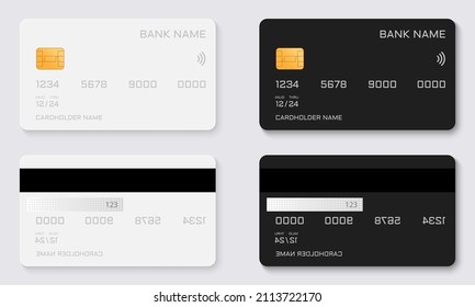 Black and White Mock Up of Debit Bank Card. Plastic Credit or Debit Card with Golden Chip Mockup. Two Sides of Plastic Credit Bank Card Template. E-commerce Concept. Isolated Vector Illustration.