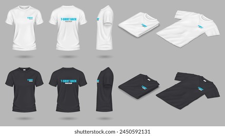 Black and white mockup t-shirts realistic vector illustration set. Casual clothes with brand design template 3d objects on grey background