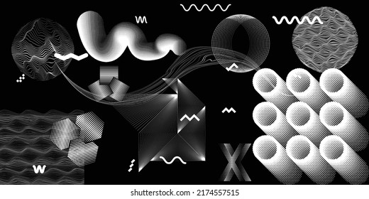 Black and white modern background with halftone dots and lines. Vector design composition with various geometric shapes . Collage of vector design elements .Abstract contemporary art . New modernism .