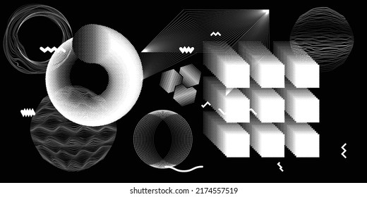 Black and white modern background with halftone dots and lines. Vector design composition with various geometric shapes . Collage of vector design elements .Abstract contemporary art . New modernism .