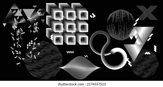 Black and white modern background with halftone dots and lines. Vector design composition with various geometric shapes . Collage of vector design elements .Abstract contemporary art . New modernism .