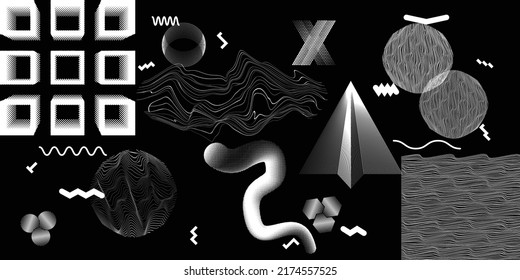 Black and white modern background with halftone dots and lines. Vector design composition with various geometric shapes . Collage of vector design elements .Abstract contemporary art . New modernism .
