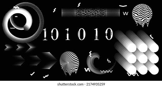 Black and white modern background with halftone dots and lines. Vector design composition with various geometric shapes . Collage of vector design elements .Abstract contemporary art . New modernism .