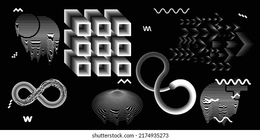 Moderna decoración en blanco y negro con líneas y puntos de tono medio. Composición de diseño de vectores con varias formas geométricas. Collage de elementos de diseño vectorial .Resumen del arte contemporáneo . Nuevo modernismo.