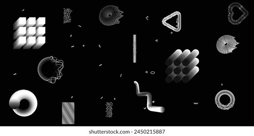 Black and white modern background with halftone dots and lines. Vector design composition with various geometric shapes . Collage of vector design elements .Abstract contemporary art . New modernism .