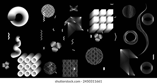 Black and white modern background with halftone dots and lines. Vector design composition with various geometric shapes . Collage of vector design elements .Abstract contemporary art . New modernism .