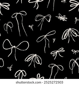 Lazos modernos en blanco y negro y patrón sin costuras de la cinta. Los nudos lindos del arco repiten el fondo, impresión de la moda, cintas del regalo, Fondo de pantalla accesorio del pelo, diseño textil. Ilustración vectorial de tinta dibujada a mano.