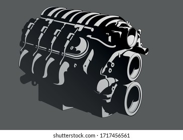 Black and white modern car engine in vector.