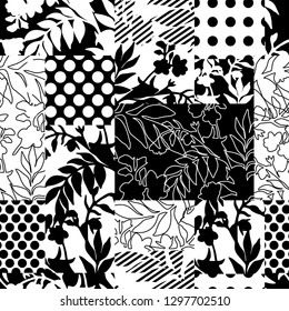 
Black and white modern collage of silhouettes and contours of field plants, mixed with a geometric pattern, polka dots in a seamless vector design for fashion, fabric, wallpaper and all prints.