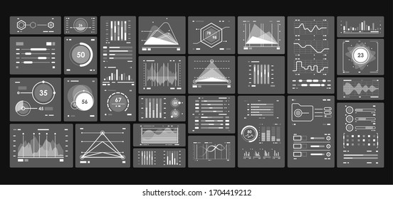 Black and white modern design of dashboard infographic elements. Admin panel interface with charts, graphs, stats. Dashboard template.