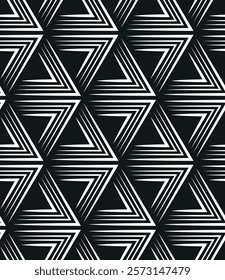 Black and white modern ethnic style. Geometric composition of striped white triangles on a black background. Linear texture with thin lines. Seamless repeating pattern. Vector illustration.