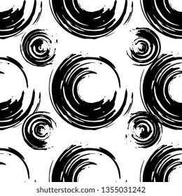 Black and white modern grunge geometric seamless pattern. Hand drawn grunge texture with circle shape. Can be used for fabric, scrabook,paper, wrapper, backdrop, textile.