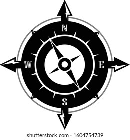 black and white modern illustrated vector graphic design of round navigation compass with arrows pointing north, south, east and west logo art Template Easy to Edit