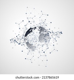 Black and White Modern Minimal Style Cloud Computing, Telecommunications Concept Design,Global Networks Structure, 3D Connections, Transparent Geometric Wireframe and Earth Globe - Vector Illustration