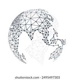 Black and White Modern Minimal Style Polygonal Network Structure, Digital 3D Earth Globe, Network Connections Concept Design, Transparent Geometric Wireframe, Creative Isolated Vector Illustration