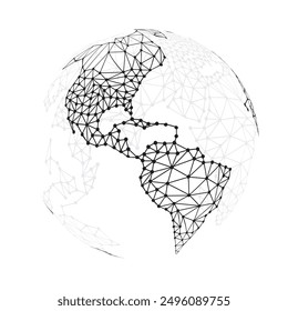 Black and White Modern Minimal Style Polygonal Network Structure, Digital Earth Globe, Network Connections Concept Design, Transparent Geometric Wireframe, Creative Isolated Vector Illustration