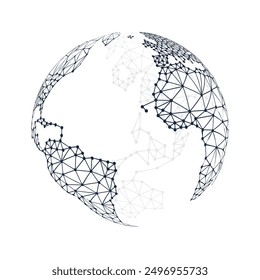 Black and White Modern Minimal Style Polygonal Network Structure, Digital Earth Globe, Network Connections Concept Design, Transparent Geometric Wireframe, Creative Isolated Vector Illustration