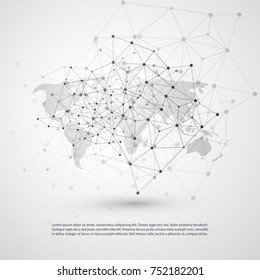 Schwarz-Weiß-Cloud-Computing im modernen Minimalstil, Netzstruktur, Design der Telekommunikationskonzepte, Globale Verbindungen mit der Weltkarte, transparenter Geometrischer Wireframe - Vektorgrafik
