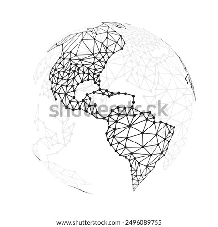 Black and White Modern Minimal Style Polygonal Network Structure, Digital Earth Globe, Network Connections Concept Design, Transparent Geometric Wireframe, Creative Isolated Vector Illustration
