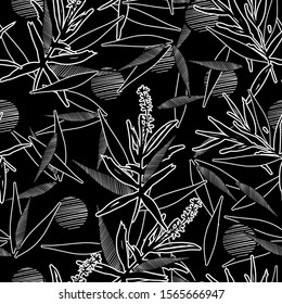 Black and white modern Seamless pattern. Bamboo leaves background. Floral Vector illustration ,Design for fashion,fabric,web,wallpaper,wrapping and all prints on black