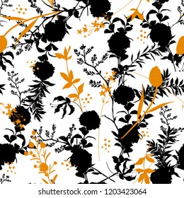 Black and white modern Silhouette Abstract with botanical seamless pattern with leaves and flowers Background with flowers vector ,on white background
