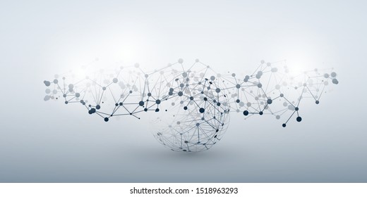 Black and White Modern Style Cloud Computing, Networks and Telecommunications Concept Design - Network Structure, Connections, Transparent Geometric Wireframe - Vector Illustration