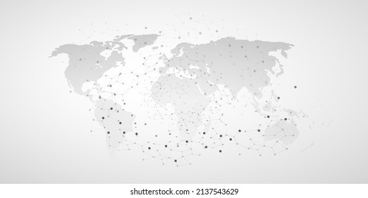 Redes globales de estilo moderno en blanco y negro, conexiones de red a nivel mundial - Diseño de conceptos de tecnología de la información con nodos conectados, malla poligonal geométrica y mapa mundial - Plantilla de vectores