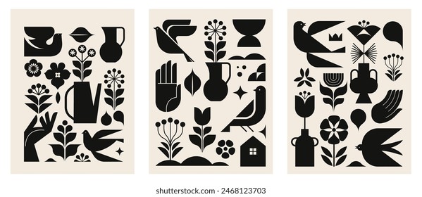 Diseño simbolista moderno en blanco y negro. ilustraciones minimalistas en negro en estilo nórdico moderno. Vector Linocut, arte conceptual de impresión de lino. Decoración de pared imprimible, tarjetas, diseños de ropa