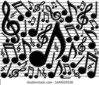 Black and white modern vector design background of sheet music with multiple notes in different sizes with lines and shadows easy to edit