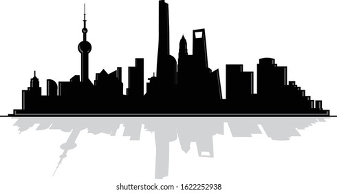 Black and white modern vector illustration of Shanghai China city skyline silhouette icon logo template easy to edit
