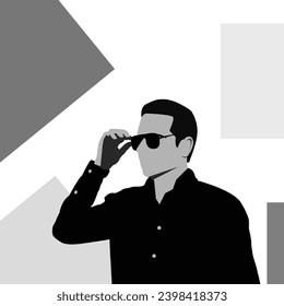 Retrato vectorial moderno en blanco y negro de un hombre ajustando gafas de sol. El hombre de la camisa negra mira con confianza hacia el futuro. Autoconfianza, crecimiento de carrera y éxito. Ilustración vectorial.