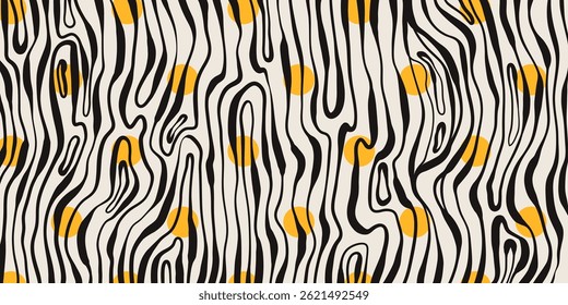 Black and white Modern Wavy Lines. Abstract zebra stripe pattern. Fluid distortion texture with yellow dots. Modern high contrast wallpaper. Optical illusion design.