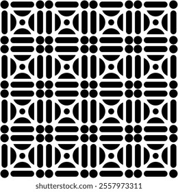 Black and white modular vector pattern composed of circular and linear repetitive shapes, ideal for backgrounds, wallpapers, and artistic designs.