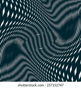 Black and white moire lines, striped  psychedelic background.  Op art style contrast pattern.