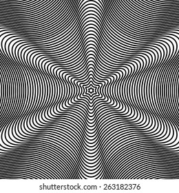 Black and white moire lines, striped  psychedelic background.  Op art style contrast pattern.