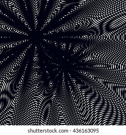 Black and white moire lines, striped  psychedelic background.  Op art style contrast vector pattern.
