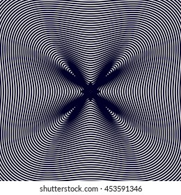 Black and white moire lines, striped  psychedelic background.  Op art style contrast vector pattern.