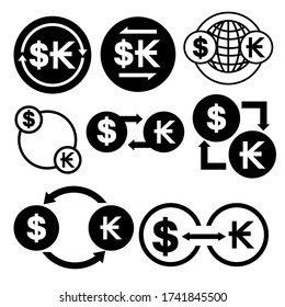 black and white money convert icon from dollar to kip vector bundle set