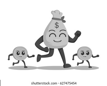 black and white money sack character followed by coins black and white style
